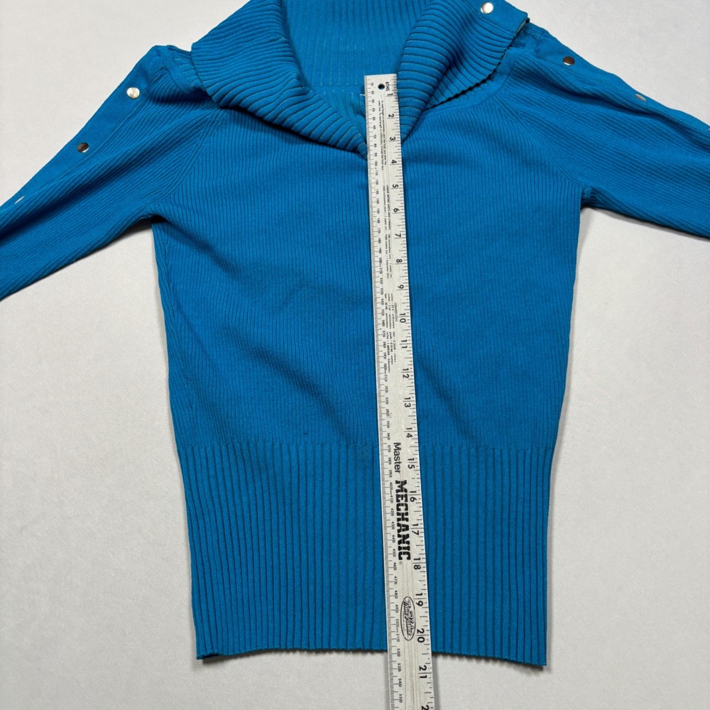 Cache Sweater Womens Large Blue Ribbed Cowl Neck Snap Button Long Sleeve Ribbed - Picture 7 of 9